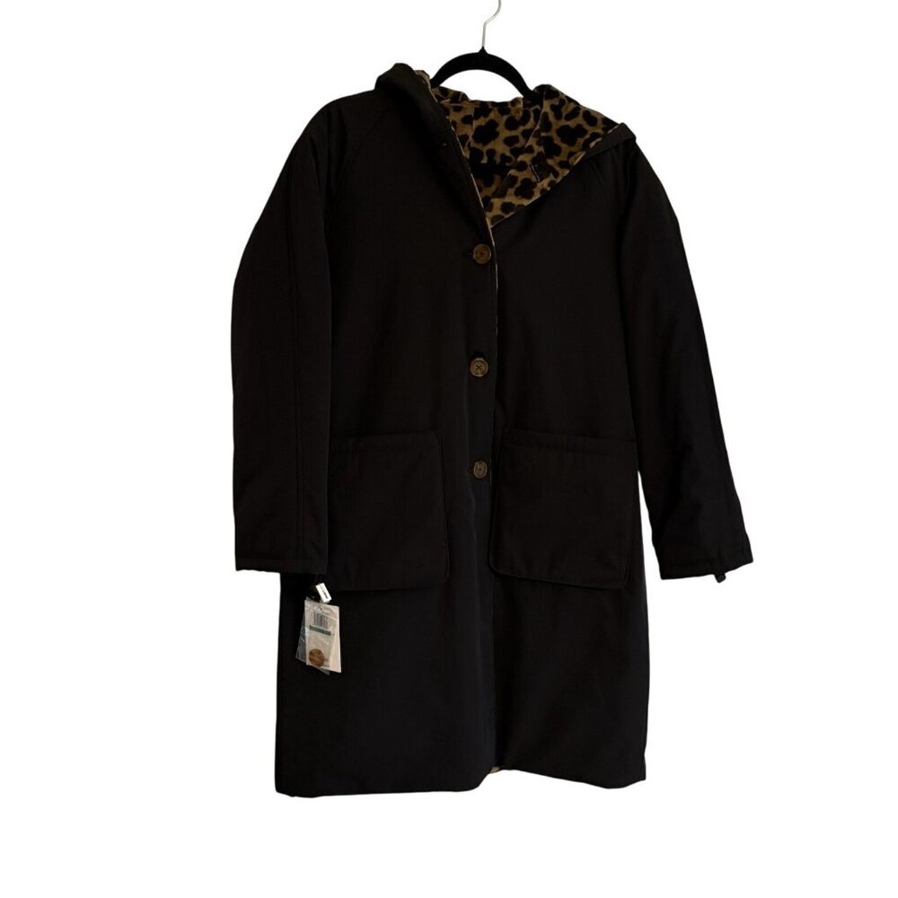 Jane Post Women L Black Leopard Button Front Long Reversible Hooded Coat NWT